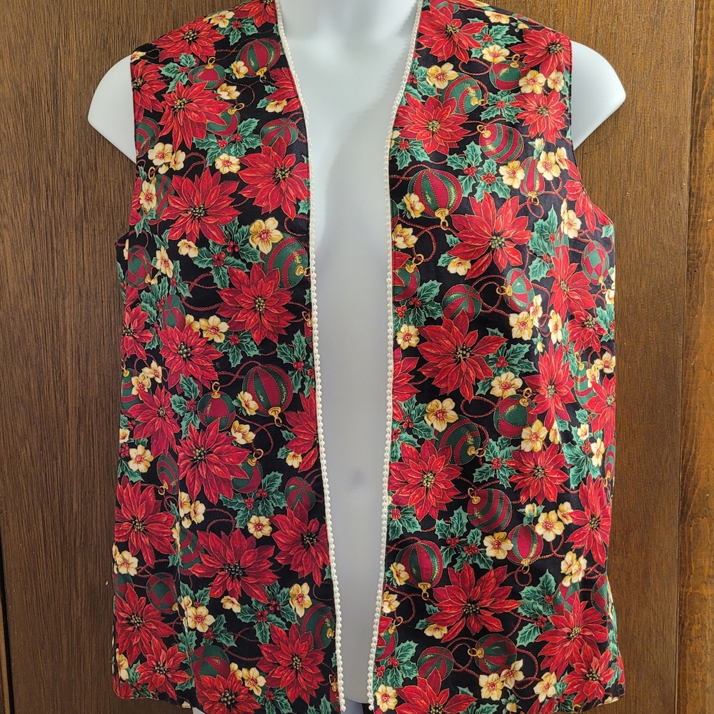 Vintage 90s Handmade Christmas  Poinsettia Vest Women's Pearl's Est Size Med/Lrg